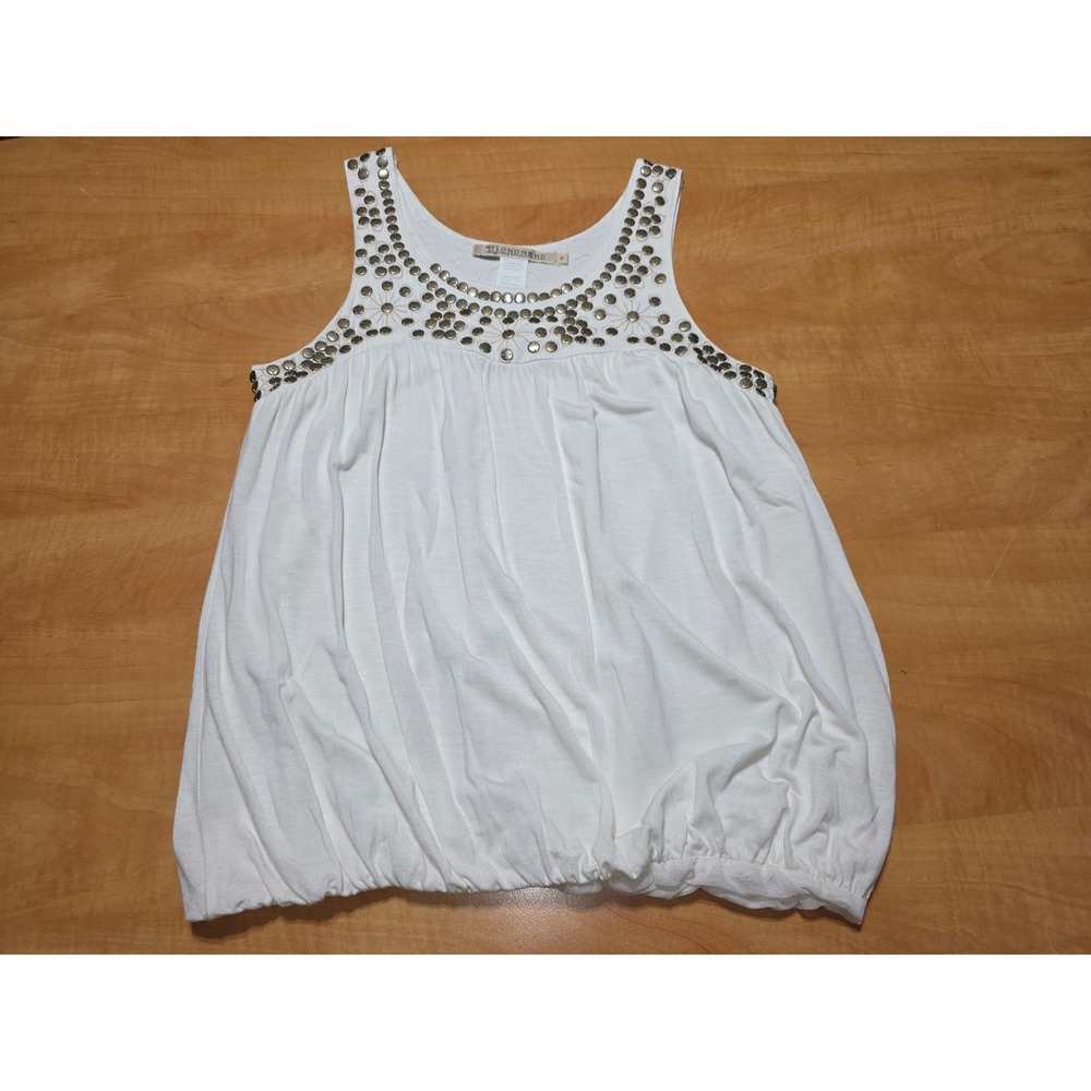 Monoreno Womens White Cotton Studded Embroidered Bubble Hem Tank Top Size M